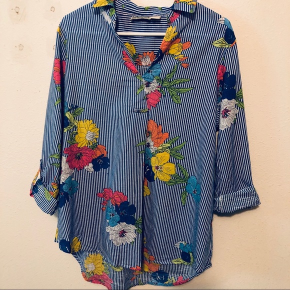 VINCENTE Popover Blouse Floral Stripe L Tunic Blue - Picture 1 of 3